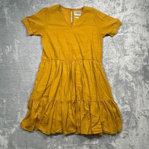 Komodo Tiered Mini Dress Women Size 3 Mustard Yellow 100% Banana Fiber Striped
